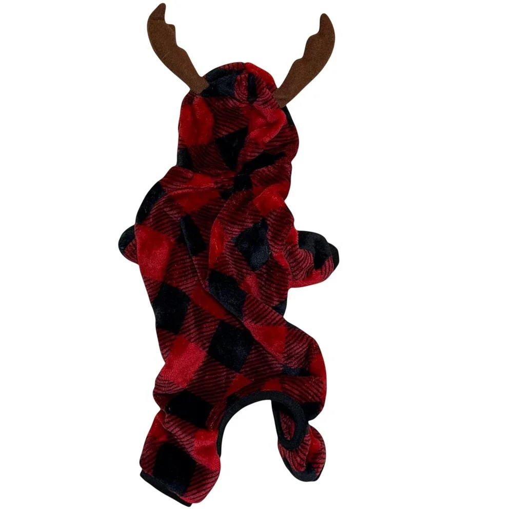 LuvGear Reindeer Dog Pajamas Small Red Buffalo Plaid Fleece Pet Holiday Costume